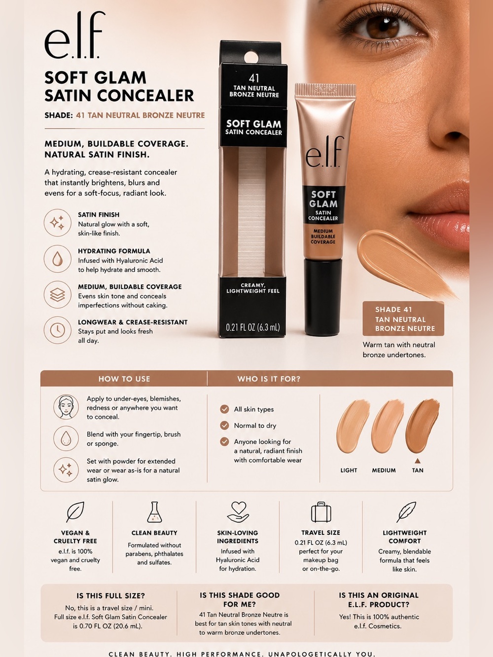 e.l.f. Soft Glam Satin Concealer in Tan Neutral 41 - New in Box